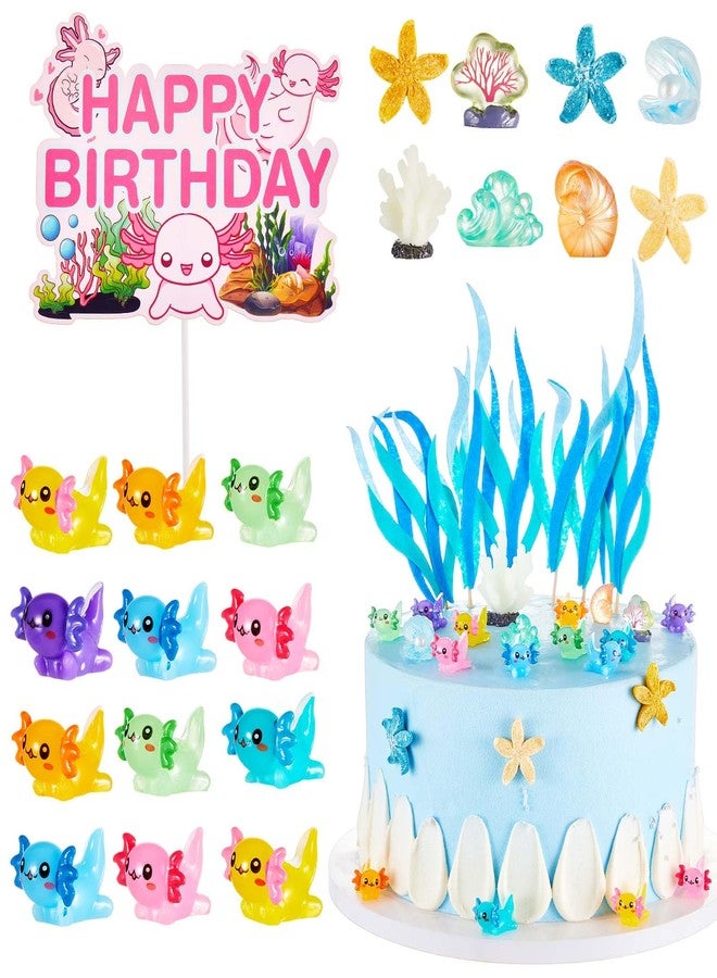 RoundFunny 26 Pcs Axolotl Birthday Decorations Supplies Include 1 Cake Topper 3 Bags Artificial Seagrass 22 Pcs Axolotl Cake Decorations for Ocean Party - Image 1